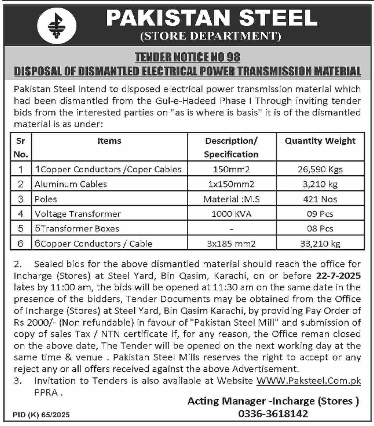 Pakistan Steel Karachi Tender Notice